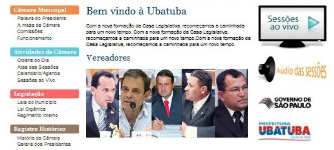 Trecho da página inicial do endereço www.camaraubatuba.com.br. - 
Imagem: © Reprodução