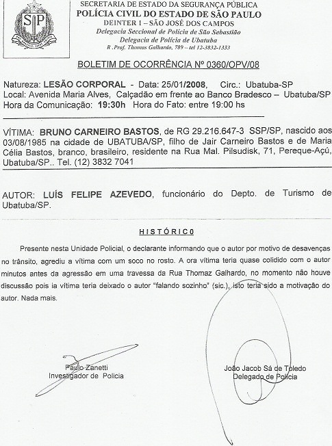 Reproduo do B.O. n 0360/OPV/08. - Imagem:  Arquivo UbaWeb