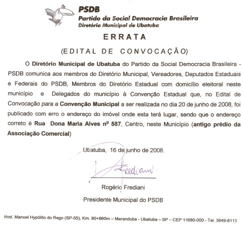 Errata do Edital de Convocao do PSDB de Ubatuba. - Imagem:  Reproduo
