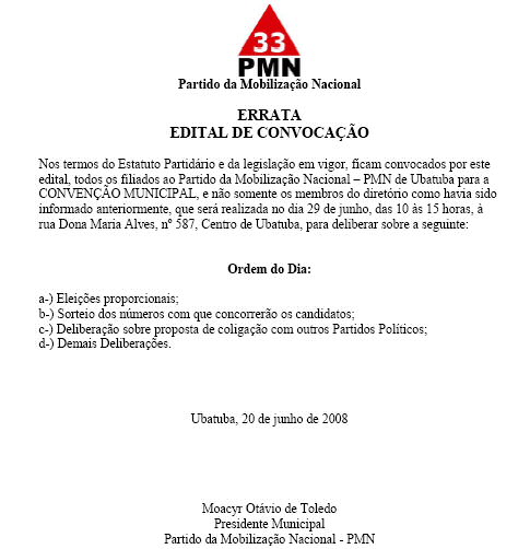 Errata do Edital de Convocao do PMN de Ubatuba. - Imagem:  Reproduo