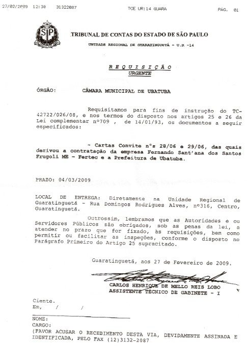 Fax enviado pelo Tribunal de Contas do Estado de So Paulo para Cmara Municipal de Ubatuba. - Imagem:  Reproduo