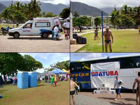 Ambulncia e servidor municipal; gua em abundncia s expensas do povo ubatubense; banheiros qumicos, banner e pdio da Prefeitura, tudo utilizado pela ISEP na 40 Travessia de Ubatuba. - Imagem:  Arquivo Jlio Csar Leite e Prates