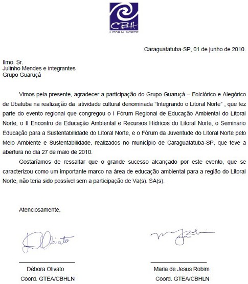 Carta de agradecimento. - Imagem:  Reproduo