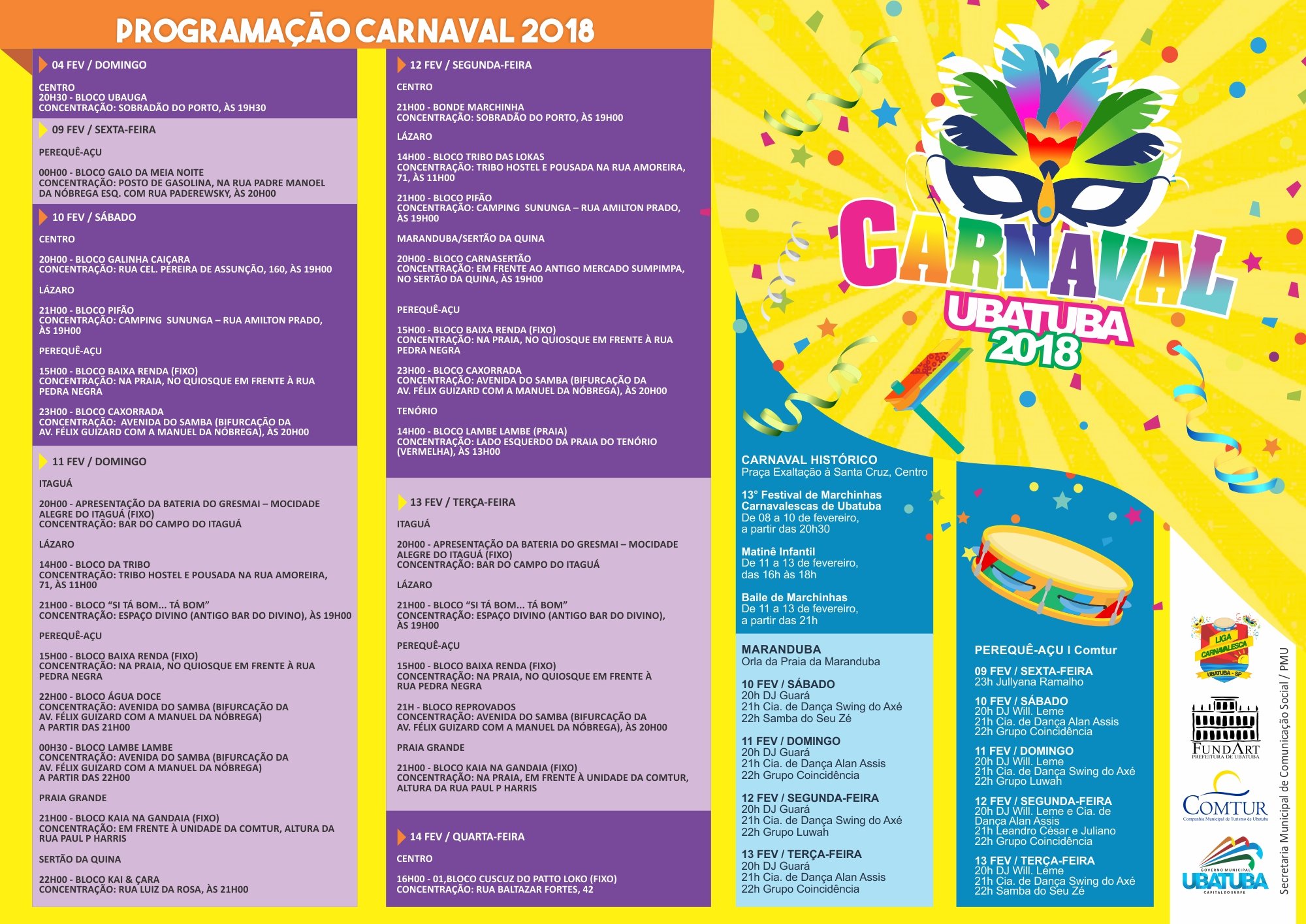 Clique aqui para ver a programação completa do Carnaval 2018 em Ubatuba, SP.